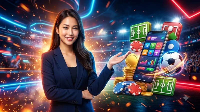 Cầu thủ bóng đá nâng cúp vàng với đồng xu và điện thoại cá cược, minh họa lợi ích kèo penalty tại i9bet