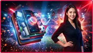 Cầu thủ bóng đá nâng cúp vàng với đồng xu và điện thoại cá cược, minh họa lợi ích kèo penalty tại i9bet