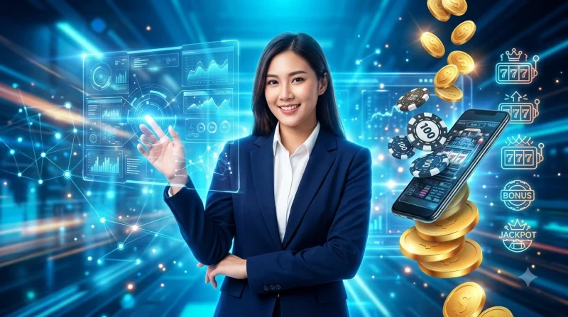 Chuyên gia kiểm tra độ uy tín của cổng game nổ hũ với kính lúp và biểu tượng bảo mật