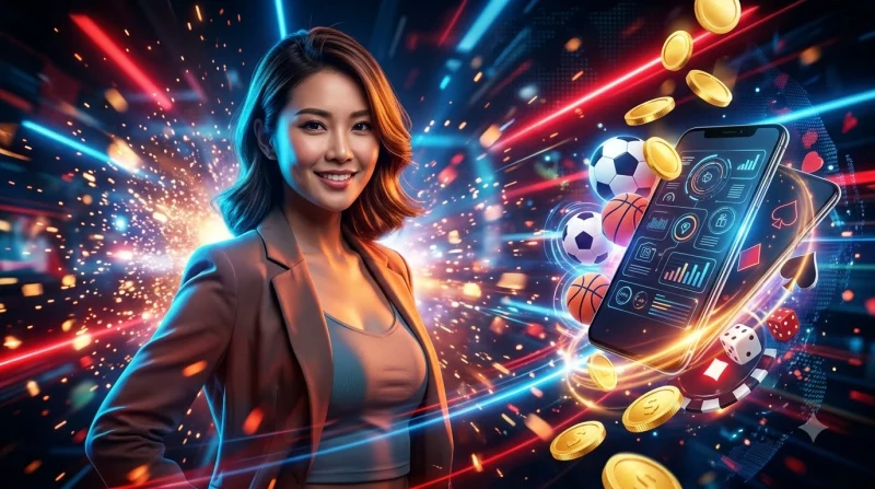 Người chơi cá cược chuyên nghiệp trong sòng bài cao cấp với điện thoại thông minh, thể hiện sự uy tín và đẳng cấp của nhà cái i9bet